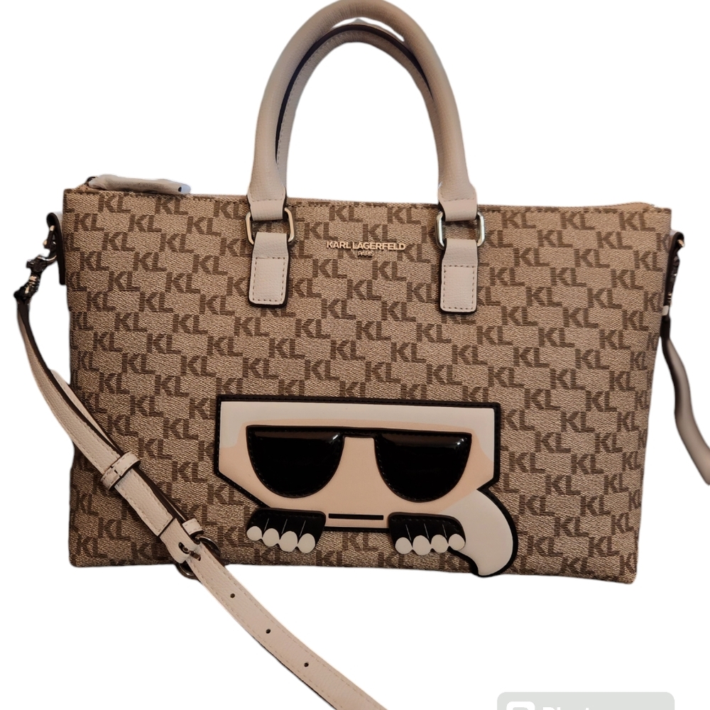 Karl Lagerfeld Leather Beige Monogrammed with White Trim Hand bag Crossbody NWT - Picture 1 of 11